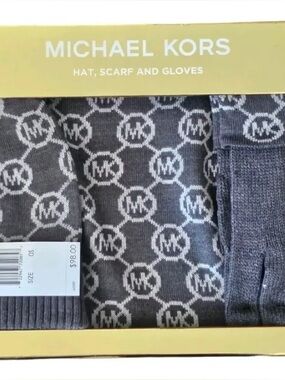 Michael Kors Gray & White MK Logo Knit Hat, Scarf and Gloves Gift Set